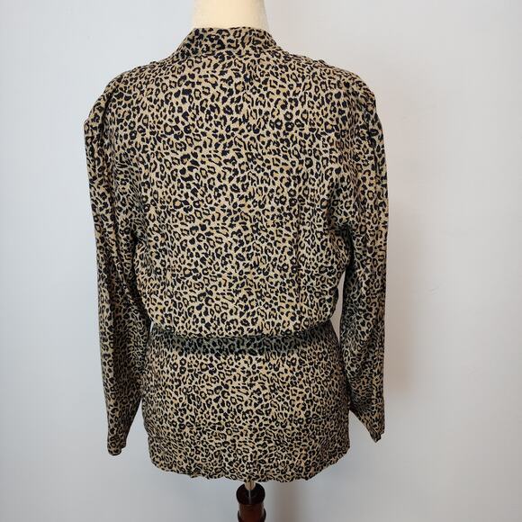 Vintage Leopard Tie Front Peplum Top Size M/L Pleated Button Closure Long Sleeve - Picture 5 of 14